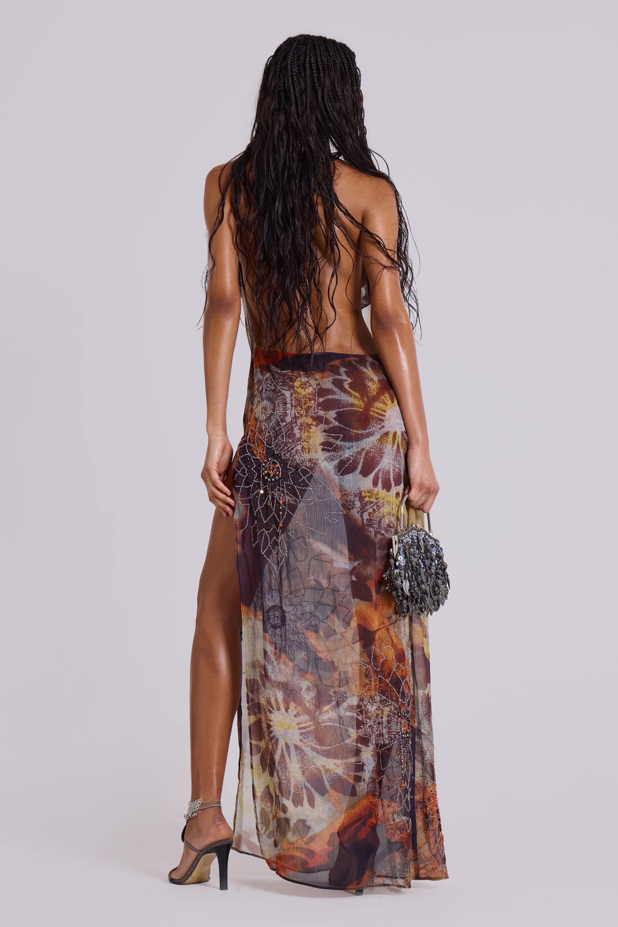 Dahlia Cowl Beaded Backless Chiffon Maxi Dress in Lusco