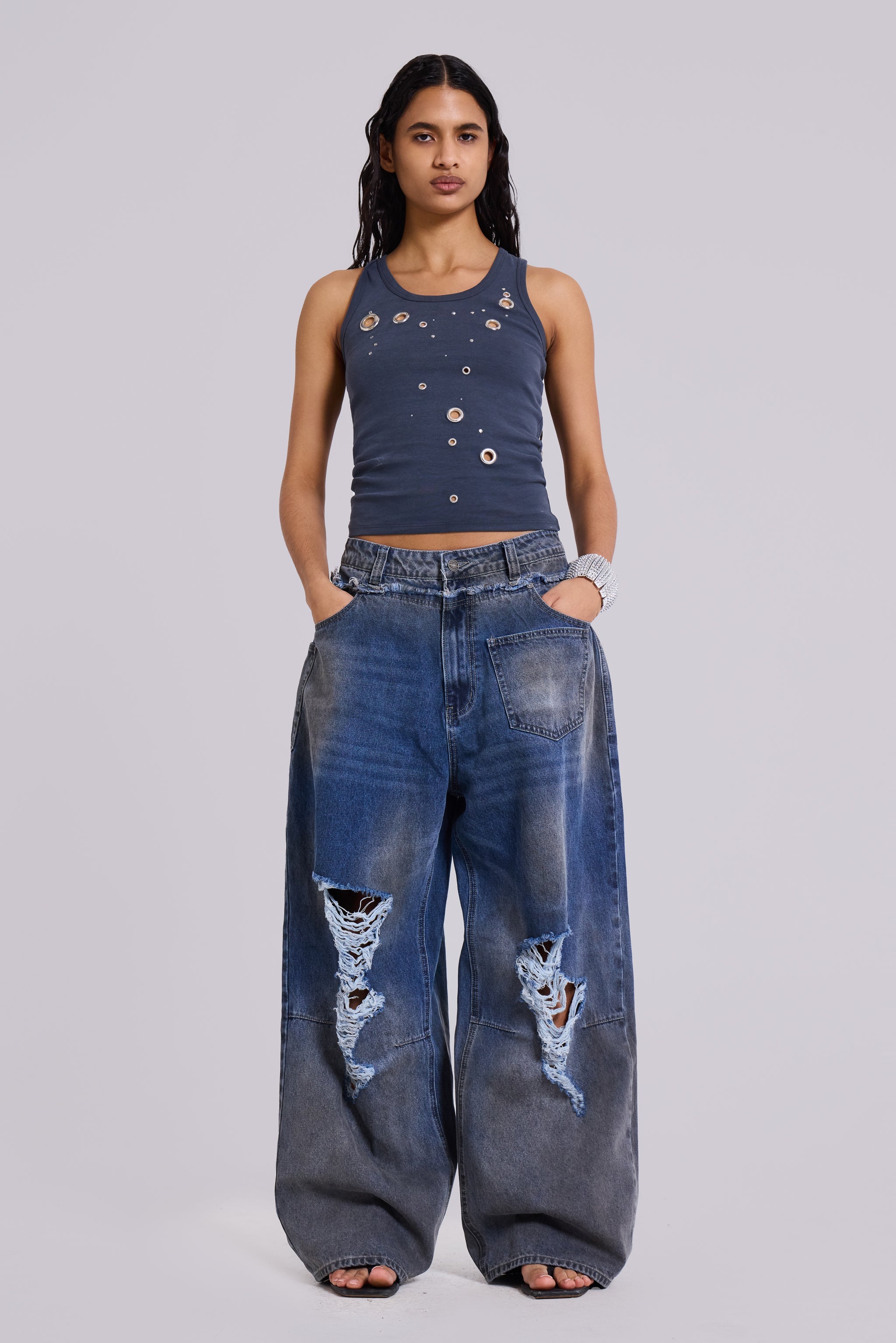 Eye Contact Vest Top With Eyelets in Grey